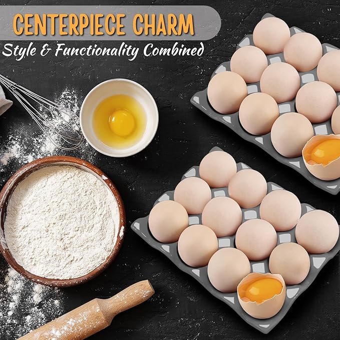 Flexzion 12 Cups Ceramic Egg Holder for Fridge - Dozen Ceramic Egg Tray Porcelain Container Storage Organizer Decorative Serving Stand Serveware for Refrigerator Countertop Display (Gray, 2 Pack)