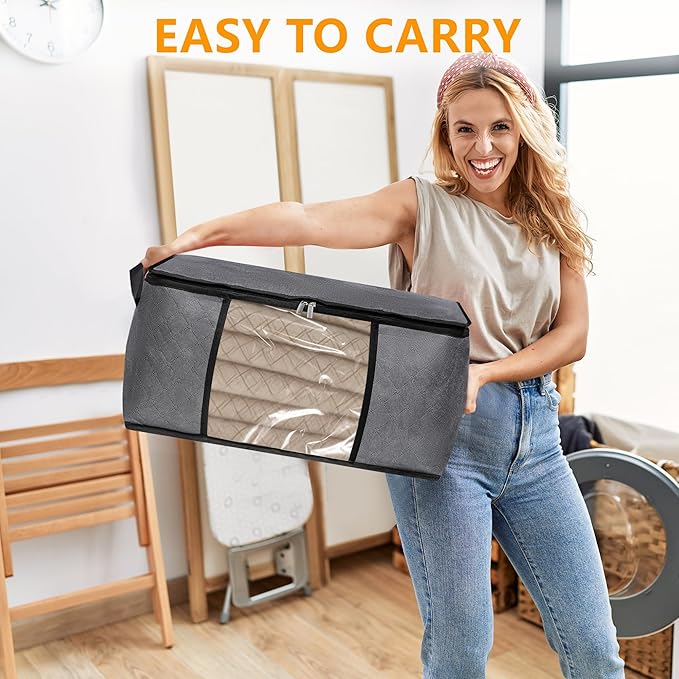 BiCINE 2 Pack Clothes Organizer Storage Bags with Zipper, 45L Foldable Blanket Storage Box with Clear Window Sturdy Handles for Closet, Dorm, Pillows, Bedding, Sweater, Clothing, Gray
