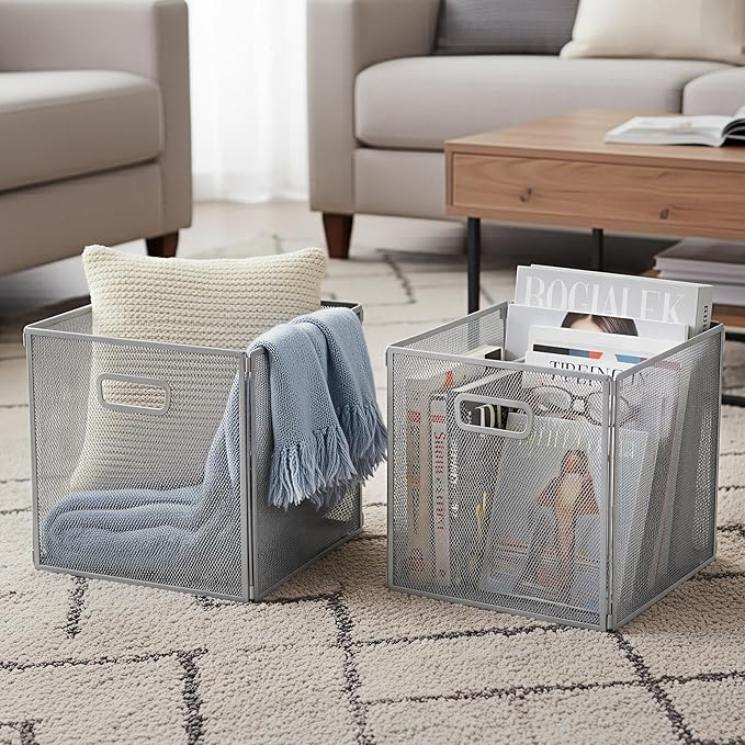 2 Pcs Foldable Metal Cube Storage Baskets 13x13 Kitchen Wire Baskets Stackable Mesh Laundry Organizer Bin with Handles for Shelves Kitchen Pantry Cabinets Closet Food (Gray)