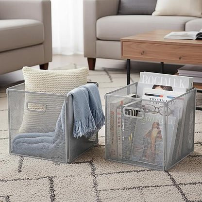 2 Pcs Foldable Metal Cube Storage Baskets 13x13 Kitchen Wire Baskets Stackable Mesh Laundry Organizer Bin with Handles for Shelves Kitchen Pantry Cabinets Closet Food (Gray)