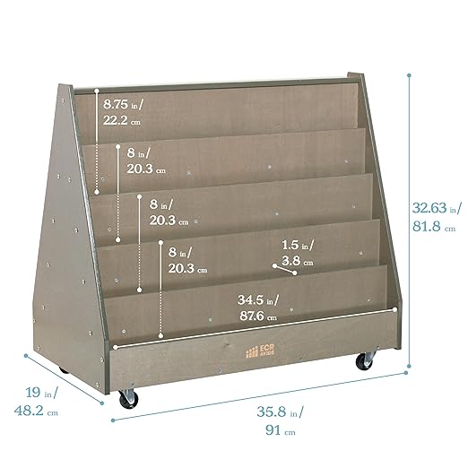 ECR4Kids Double-Sided Wooden Mobile Book Display and Storage, Montessori Furniture, Grey Wash