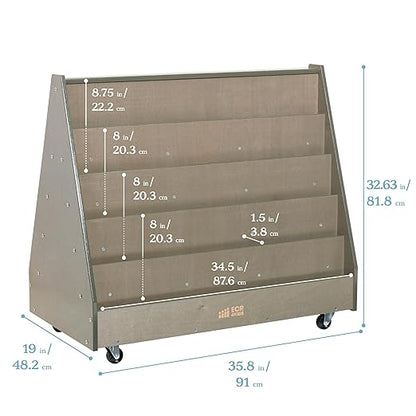 ECR4Kids Double-Sided Wooden Mobile Book Display and Storage, Montessori Furniture, Grey Wash
