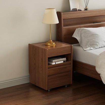 CycleCrew Mid-Century Modern Nightstand with Wheels - 100% Solid Wood Bedside Table with 3 Storage Drawers and Open Shelf Fluted Rolling Night Stand End Side Table for Bedroom, Home