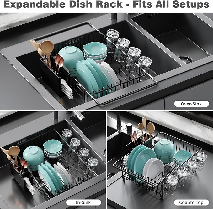 jouzevic Dish Drying Rack in Sink: Expandable, 3-Slot Utensil Holder, Anti-Slip Handle. Small Dish Rack: Ideal for Small Households. Kitchen Drying Rack: Black