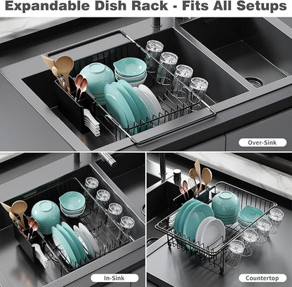 jouzevic Dish Drying Rack in Sink: Expandable, 3-Slot Utensil Holder, Anti-Slip Handle. Small Dish Rack: Ideal for Small Households. Kitchen Drying Rack: Black