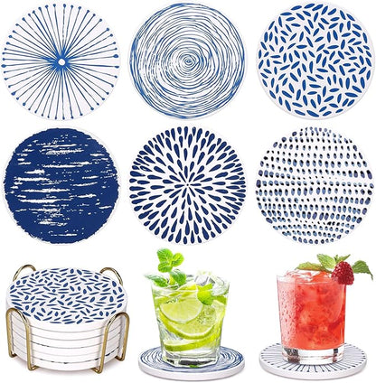 Absorbent Coasters Set of 6 Round Ceramic Coasters for Drinks Modern Blue Boho Coaster with Holder for Coffee Table Decor, Outdoor, Desk
