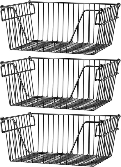 SANNO Black Stackable Wire Baskets Stacking Bins Stackable Basket for Vegetable Storage Pantry, Fridge, and Bathroom Organization,3pack