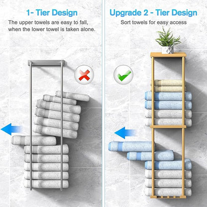 Towel Rack for Bathroom, Wall Mounted Vertical Rolled Towel Storage Organizer Holder with Shelf, Holds Up 6 Large Bath Sheets, Gold
