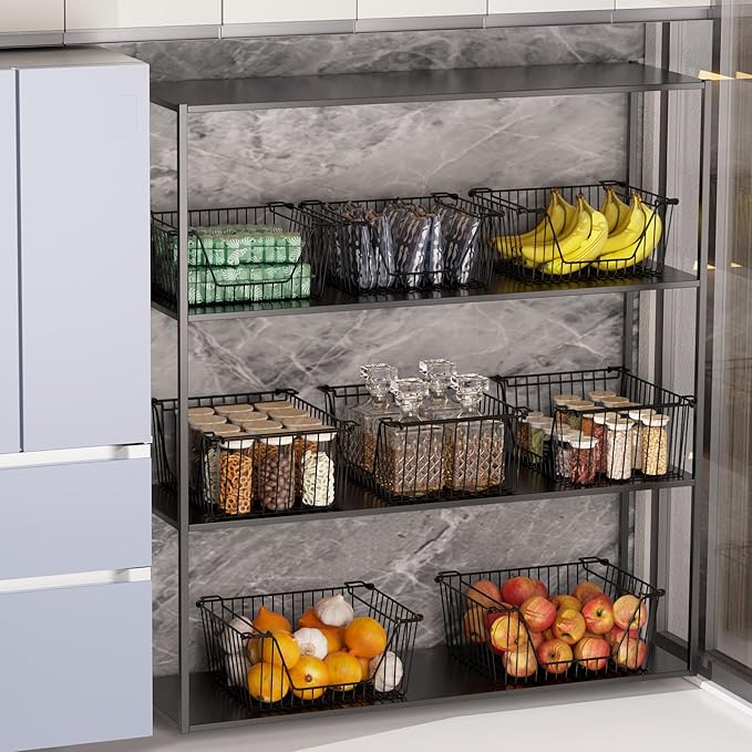 Stackable Wire Metal Baskets Sturdy Cabinet Organizer Wire Pantry Freezer Bin with Handle for Home Bathroom Kitchen Fruit Vegetable Organization, Black, 2Packs