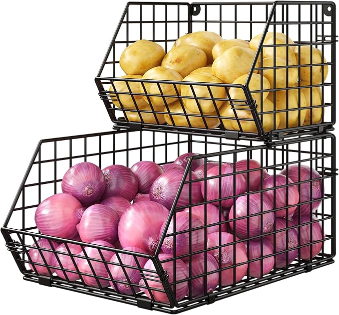 2 Tier Stackable Wire Basket-Kitchen Counter, Pantry Organization and Storage - Cabinet, Countertop Space Saving Organizing - Produce, Fruit, Vegetable,Onion, Potato, Bread Organizer Bin