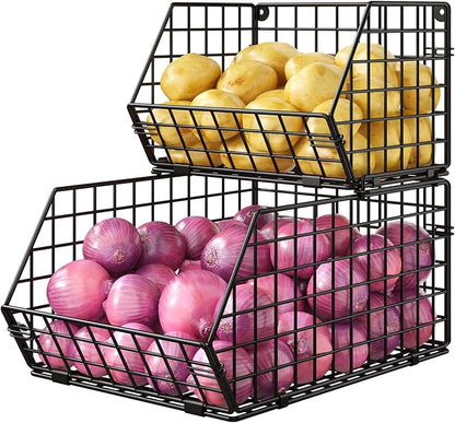 2 Tier Stackable Wire Basket-Kitchen Counter, Pantry Organization and Storage - Cabinet, Countertop Space Saving Organizing - Produce, Fruit, Vegetable,Onion, Potato, Bread Organizer Bin