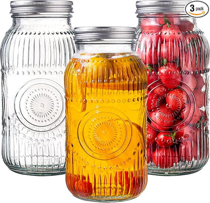 Amzcku 64oz vintage Mason Jars with Lids, Wide Mouth 2 Quart Canning Jar Half Gallon, Safe For Storage, Canning, Pickling, Preserving, Fermenting, DIY Crafts & Decor 3 Pack