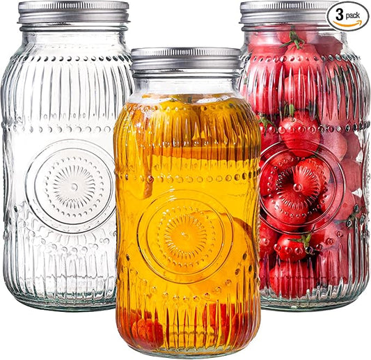 Amzcku 64oz vintage Mason Jars with Lids, Wide Mouth 2 Quart Canning Jar Half Gallon, Safe For Storage, Canning, Pickling, Preserving, Fermenting, DIY Crafts & Decor 3 Pack