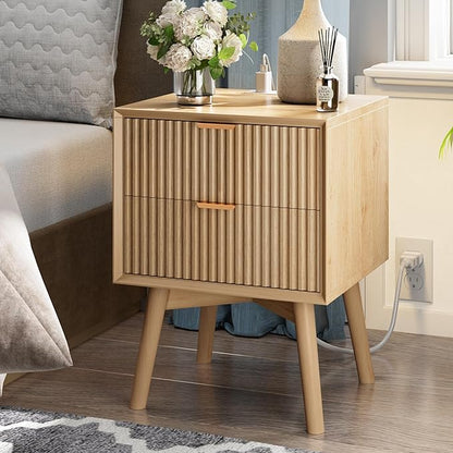 FavourLife Fluted Nighstand, Beveled Edges Night Stand, 2 Drawer Nightstand with Charging Station, Modern End Table with Solid Wood Legs, Wooden Bedside Table for Bedroom Sofa Home Office, Natural Oak
