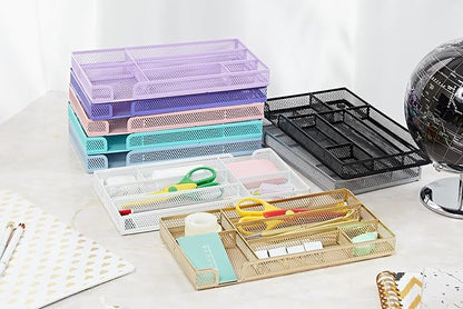 Annova Desk Drawer Organizer Tray for Office Organization - Metal Mesh - Storage Tray with Dividers for Pens, Desktop Accessories, Bathroom, Kitchen, Makeup and Office Supplies (Small, Silver)