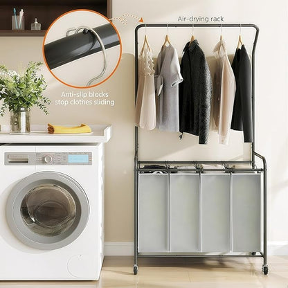 ROMOON Rolling Laundry Basket Organizer with Hanging Clothes Rack: 4 Section Laundry Hamper Sorter with Hanging Bar and Heavy-duty Lockable Wheels - Clothes Rack with Laundry baskets, 2025 Upgrade