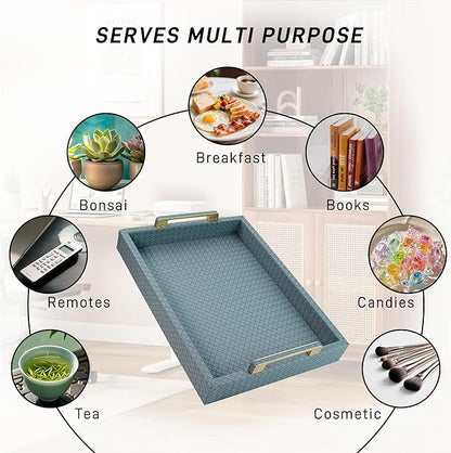 Decorative Serving Tray for Ottoman Coffee Table, 16"x12" Large Rectangular Tray Leather Serving Trays with Gold Polished Metal Handles - Home Decor - Blue