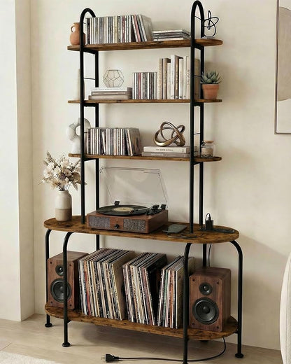 5-Tier CD Storage Rack, Record Player Stand with Storage, DVD Organizer Shelf with Adjustable Book Stoppers, Media Storage Rack for CD/DVD, Books, Games, for Living Room, Bedroom, Home Office, Rustic