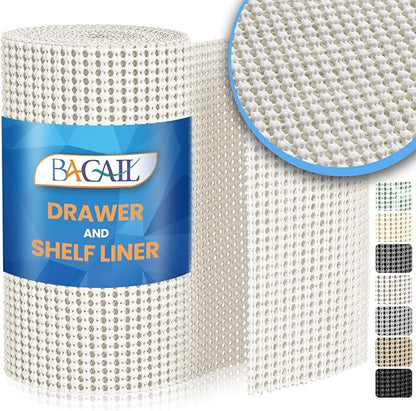 BAGAIL Drawer and Shelf Liner, 12 in X 20 Ft Non-Adhesive Shelf Liners for Kitchen Cabinets, Thick Strong Grip Liners for Desk, Shelves, Bathroom Drawers, Cabinet Protection - White