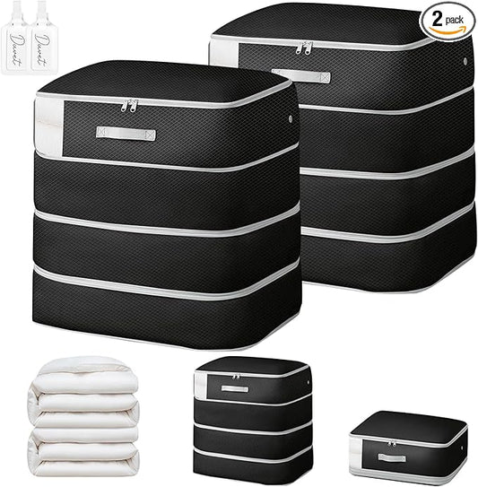 Comforter Storage Bag - 130L Large Capacity Blanket Storage Bags 4-Layer Ultra Space Saving Self Compression Organizer, Washable Compression Bags for Storage Comforter Blanket, 2-Pack, Black