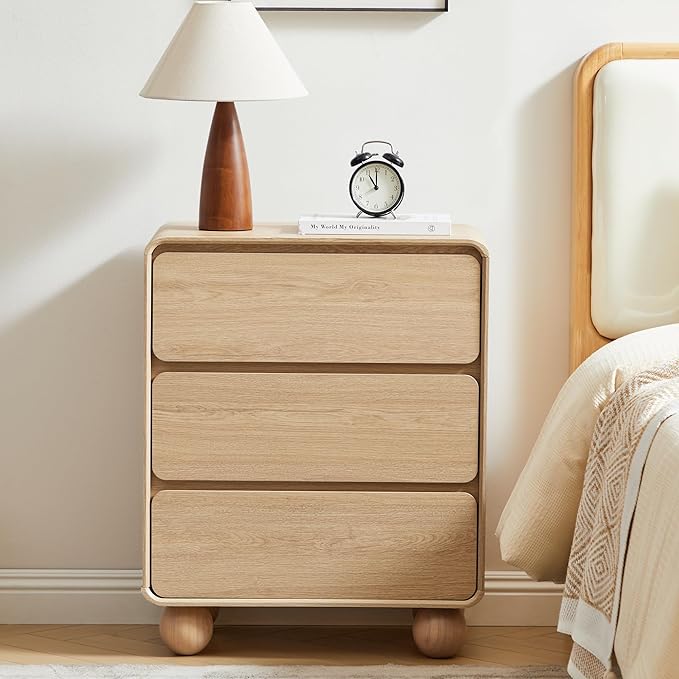 AVZEAR Wooden Night Stand wth 3 Drawer Dresser Mid Century Modern End Table Chest of Drawers, Solid Wood Legs & Curved Profile Design, Farmhouse Side Table for Living Room, Natural