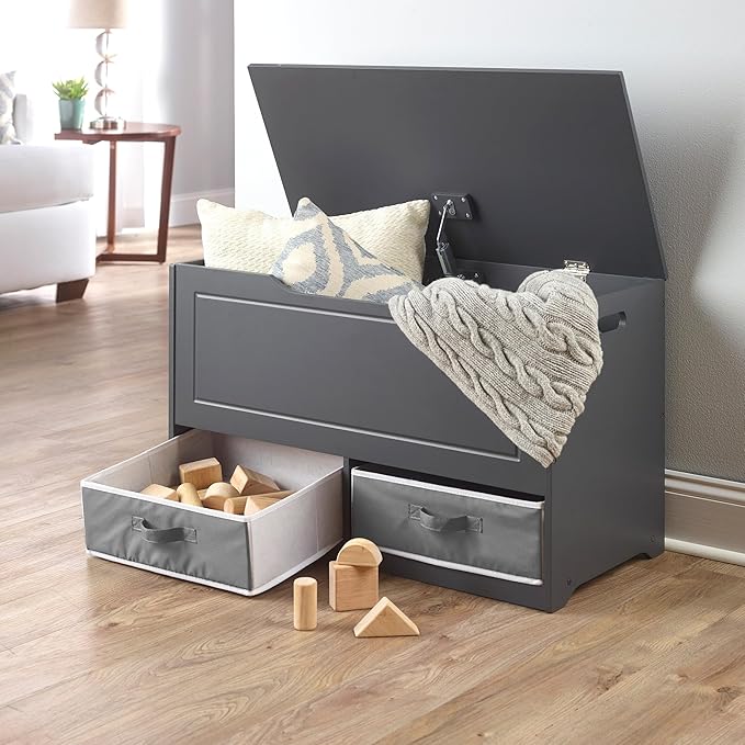 Badger Basket Toy Box and Storage Bench - Chest and Seat Combo with 2 Reversible Baskets, Safety Hinge Lid - Kids Toy Organizer for Playroom or Bedroom - Charcoal