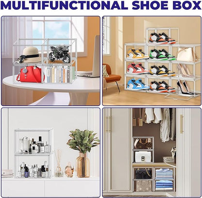 EDS FAM Shoe Storage 6 Pack Size 13 Acrylic Clear Shoe Storage Box Stackable Large Sneakers Display Case with Magnetic Door Hat Boxes Shoe Organizer for Closet