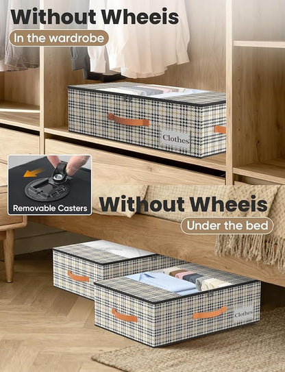 TOSKING Under Bed Storage with Wheels (2 Pack) with 4 Vacuum Bags, 7.9" Height Rolling Underbed Storage Containers, 900D Oxford Heavy Duty Drawer, 80lbs Load Organizer for Clothes, Shoes, Houndstooth