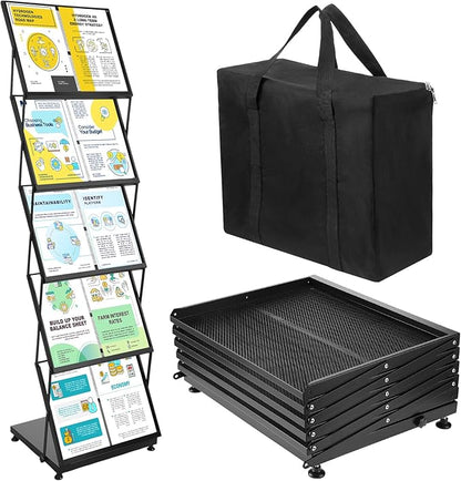 Brochure Display Stand 5-Tier Foldable Magazine Rack Portable Double A4 Size Literature Brochure Holder Magazine Rack Metal 10 Pockets with Carrying Bag for Trade Show Exhibition Office