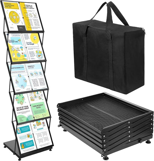Brochure Display Stand 5-Tier Foldable Magazine Rack Portable Double A4 Size Literature Brochure Holder Magazine Rack Metal 10 Pockets with Carrying Bag for Trade Show Exhibition Office