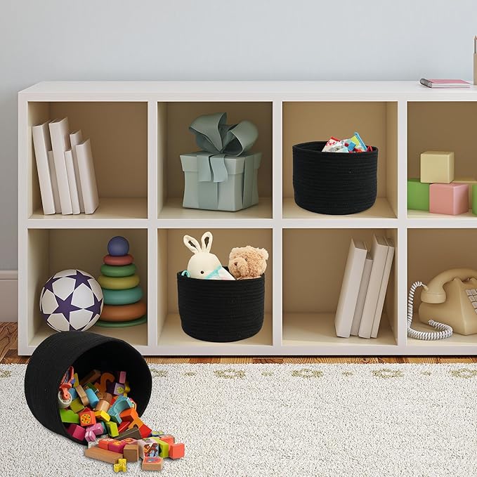 Woven Cotton Storage Baskets - 3-Pack Round Bins (10x10x7'') for Shelves, Closets & Bookcases | Durable Rope Organizers for Nursery, Baby, Toys, Easter & More (black)