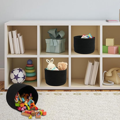 Woven Cotton Storage Baskets - 3-Pack Round Bins (10x10x7'') for Shelves, Closets & Bookcases | Durable Rope Organizers for Nursery, Baby, Toys, Easter & More (black)