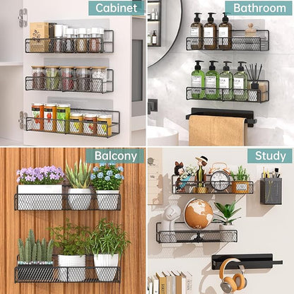 DTUQTX Spice Rack Wall Mounted 6 Pack: 100% Metal & Strong Adhesive Spice Organization for Kitchen Cabinet/Pantry Door, No Drill Hanging Seasoning Organizer with Paper Towel Holder, Utensil Caddy