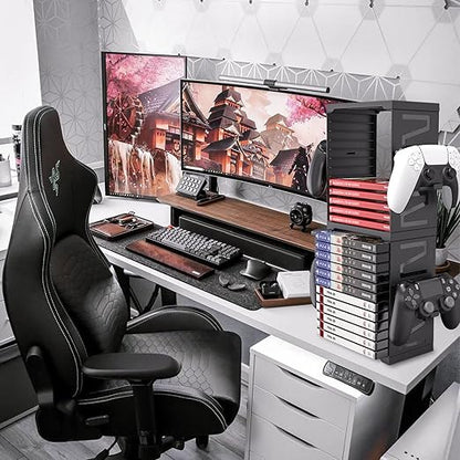 ASFSKY Video Game Storage Tower - 24 Games Video Game Organizer & Holder with 4 Controller Hooks, Universal Video Game Storage Compatible with PS5/PS4/Xbox/Switch - Gamer Gifts
