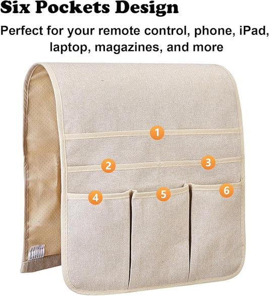 Teniux Remote Control Holder Armchair Caddy for Recliner Couch, Non-Slip Armrest Organizer with 5 Pockets for Magazine, Tablet, Phone, iPad (Beige)