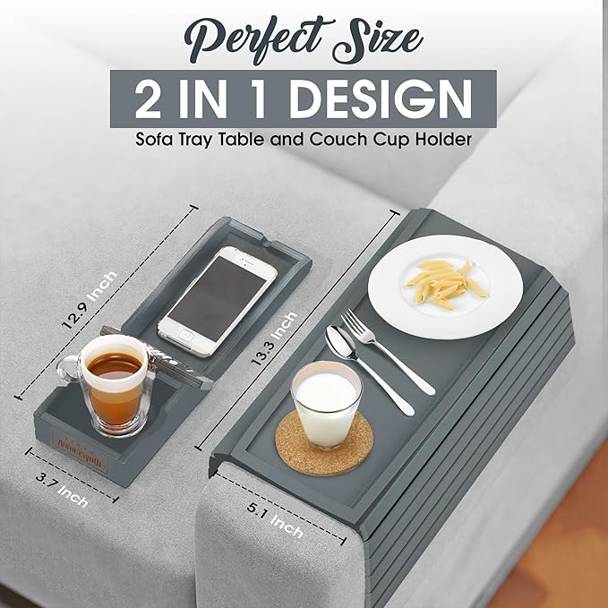 Couch Cup Holder Tray with 2 Cork Coasters, Couch Caddy, Anti-Slip Foldable Armrest Sofa Tray, Couch Armrest Table, Anti-Spill Holder for Remote, Snacks, Cellphone - Ideal Gift (Grey)