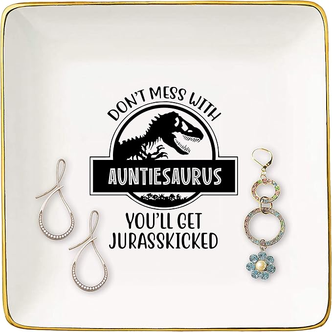 Funny Mother's Day Gifts,Baby Announcement Gifts for Auntie,Birthday Christmas Gifts,Funny Dinosaur Present for Aunt,Don't Mess With Auntiesaurus,Ceramic Jewelry Holder Box,Ring Dish,Trinket Tray