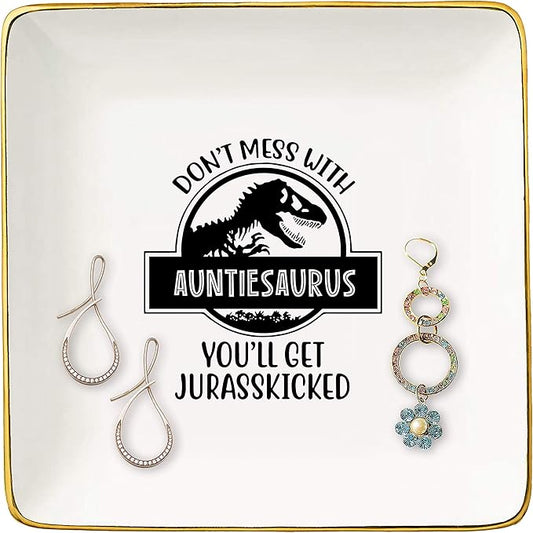 Funny Mother's Day Gifts,Baby Announcement Gifts for Auntie,Birthday Christmas Gifts,Funny Dinosaur Present for Aunt,Don't Mess With Auntiesaurus,Ceramic Jewelry Holder Box,Ring Dish,Trinket Tray