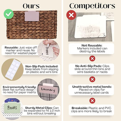Hygge & Sage: Metal Non-Slip Basket Labels Clip On for Storage Bins, or Wire Racks | Includes 8 Labels, 8 Non-Slip Pads and 2 Free Markers (Pink)