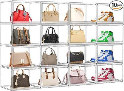 EZJOB 10 Pack Acrylic Shoe Boxes, Sneaker Display Case Size 14, Clear Shoe Organizer Stackable Plastic Stackable Storage Box Handbag Purse Organizer Shoes with Magenetic Lid