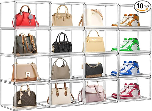 EZJOB 10 Pack Acrylic Shoe Boxes, Sneaker Display Case Size 14, Clear Shoe Organizer Stackable Plastic Stackable Storage Box Handbag Purse Organizer Shoes with Magenetic Lid