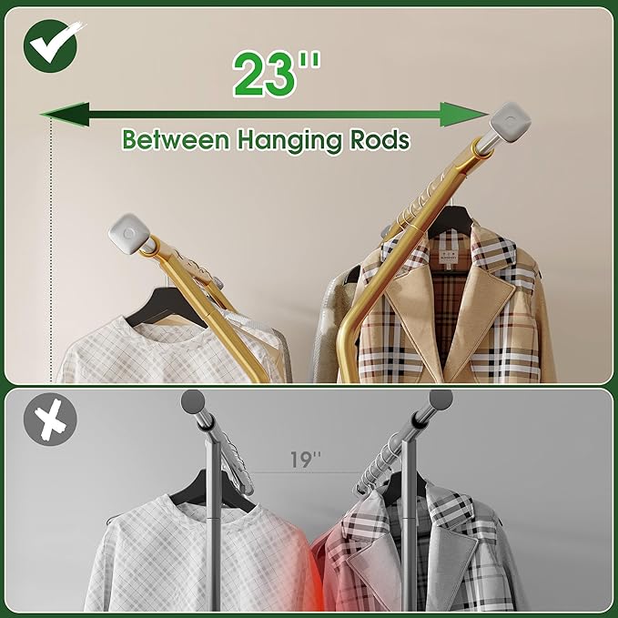 Raybee Heavy Duty Clothes Rack 630LBS, Double Rods Clothing Rack with Storage Basket, Portable Garment Rack for Heavy Clothes, Extendable & Adjustable, Bedroom, Closet, Commercial, Gold