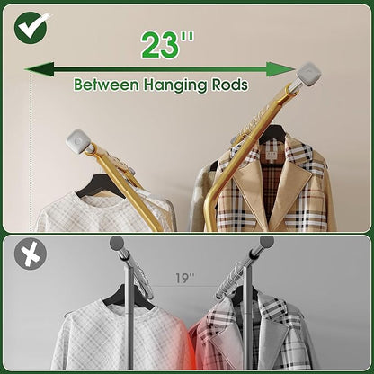 Raybee Heavy Duty Clothes Rack 630LBS, Double Rods Clothing Rack with Storage Basket, Portable Garment Rack for Heavy Clothes, Extendable & Adjustable, Bedroom, Closet, Commercial, Gold