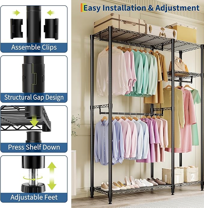 Portable Clothes Rack Heavy Duty Garment Rack, Large Freestanding Closet Wardrobe with Adjustable Shelves & 3 Hanging Rods, Closet Organizer and Storage for Bedroom Cloakroom, 76.5"H x 41.6"L x 15.5"W