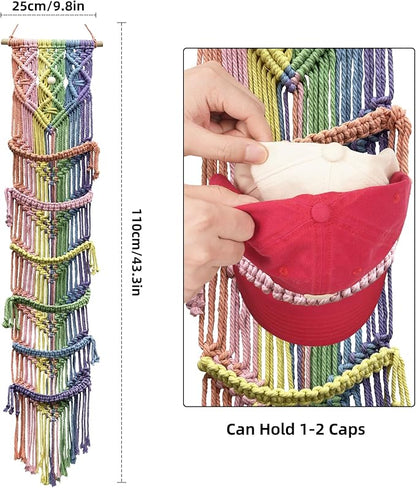 KaloKalo 2PCS Macrame Cap Holder Boho Hat Hangers Over Door Decorative Bohemian Handmade Ball Cap Rack Organizer Woven Wall Hanging for Baseball Cap Display Decorations (Rainbow, Up to 24 Caps)