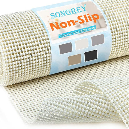 Songrey Non-Adhesive Drawer and Shelf Liner, Non Slip Cabinet Liners, Protect Kitchen Cupboard, Bathroom Drawers, Breathable, Thick Strong Grip mat (23.6IN x 20FT, Cream)