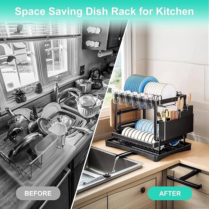 2-Tier Dish Drying Rack for Kitchen Counter - Space-Saving Dish Drainer with Extendable Drainboard, Removable Cutlery Holder, Cup & Knife Slots, Multifunctional Plate & Bowl Organizer (Black)