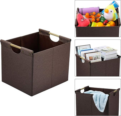 HOONEX Large Collapsible Storage Bins, Linen Fabric, 2 Pack, Storage Baskets with Wooden Carry Handles and Sturdy Heavy Cardboard, for Home, Office, Car, Nursery, Brown