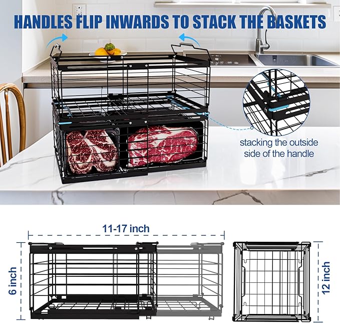2Pcs Freezer Organizer Bins,11 to 17 inchs Large Scalable Stackable Freezer Storage Containers,Deep Freezer Organizer Bins Effectively Classify Food,Foldable Side Handles for Extra Storage Space