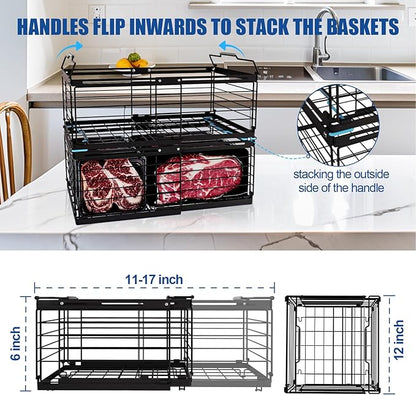 2Pcs Freezer Organizer Bins,11 to 17 inchs Large Scalable Stackable Freezer Storage Containers,Deep Freezer Organizer Bins Effectively Classify Food,Foldable Side Handles for Extra Storage Space